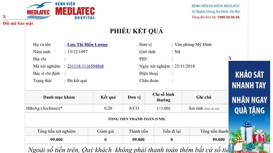 kết quả xét nghiệm HBsAG sau khi dùng thuốc của chị LƯƠNG